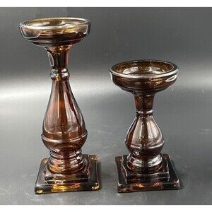 Vintage Amber Glass Candlestick Holders 2 Sizes Hold 3 Inch Diameter Candles